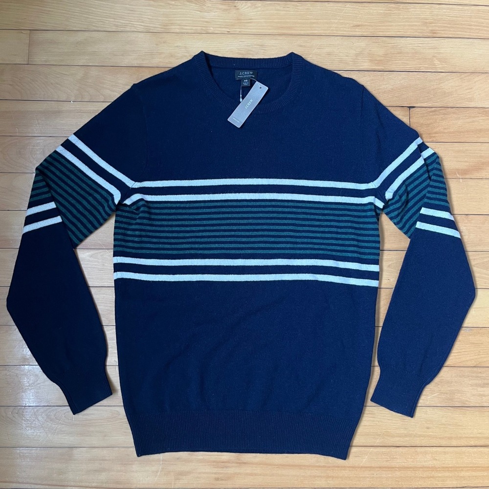 J.Crew Mens 100% Cashmere Crewneck Sweater Navy Blue Green Striped XS New